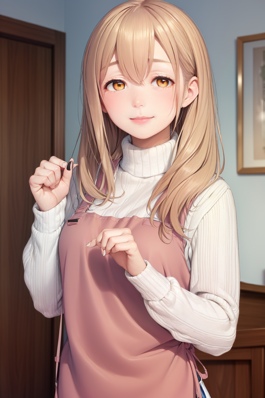 00174-1629220323-(masterpiece, best quality_1.2), , solo, 1girl, sunohara ayaka, smile, looking at viewer, own hands together, sweater, apron.png